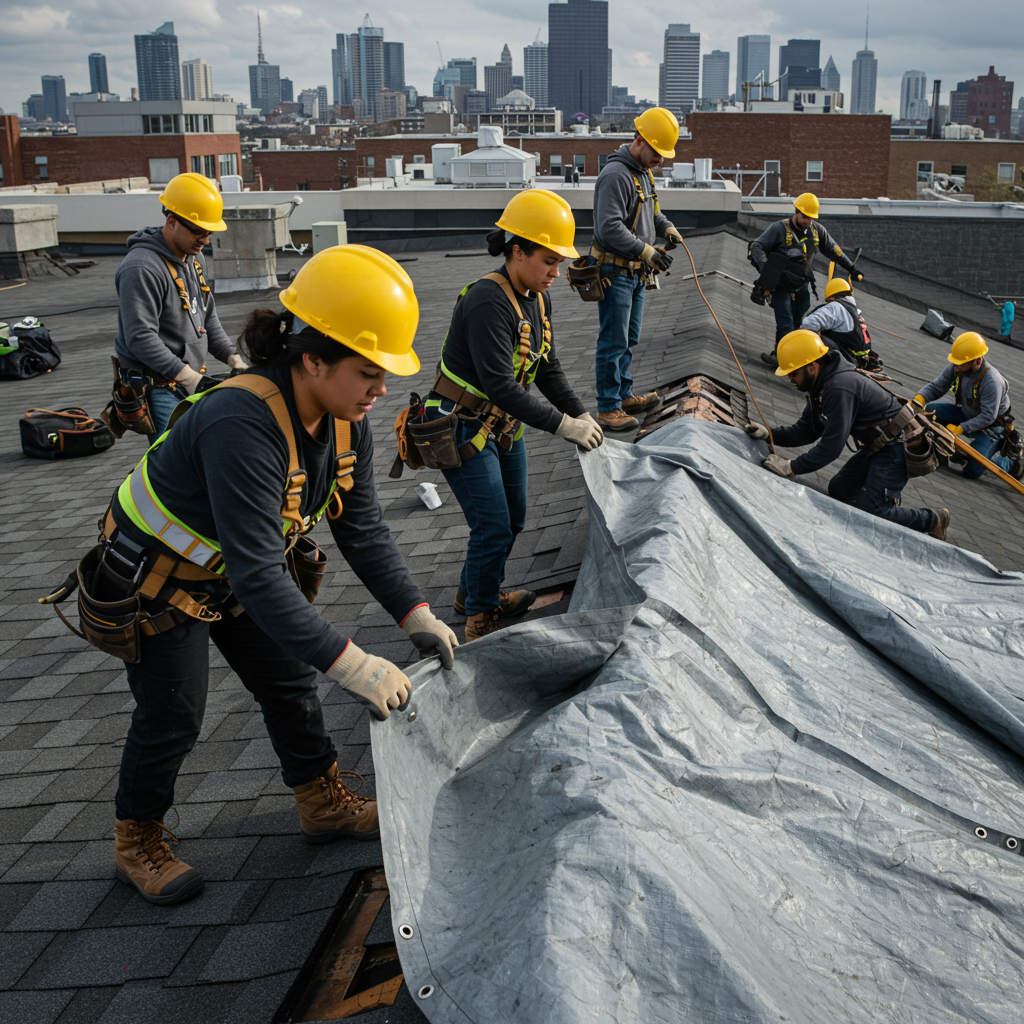 Couvreurs professionnels en intervention d'urgence sur toit de bâtiment commercial en ville.