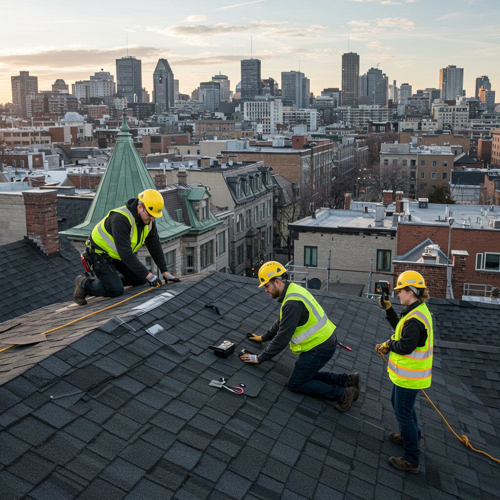 Experts en toiture inspectant un toit à Montréal avec vue sur le paysage urbain.